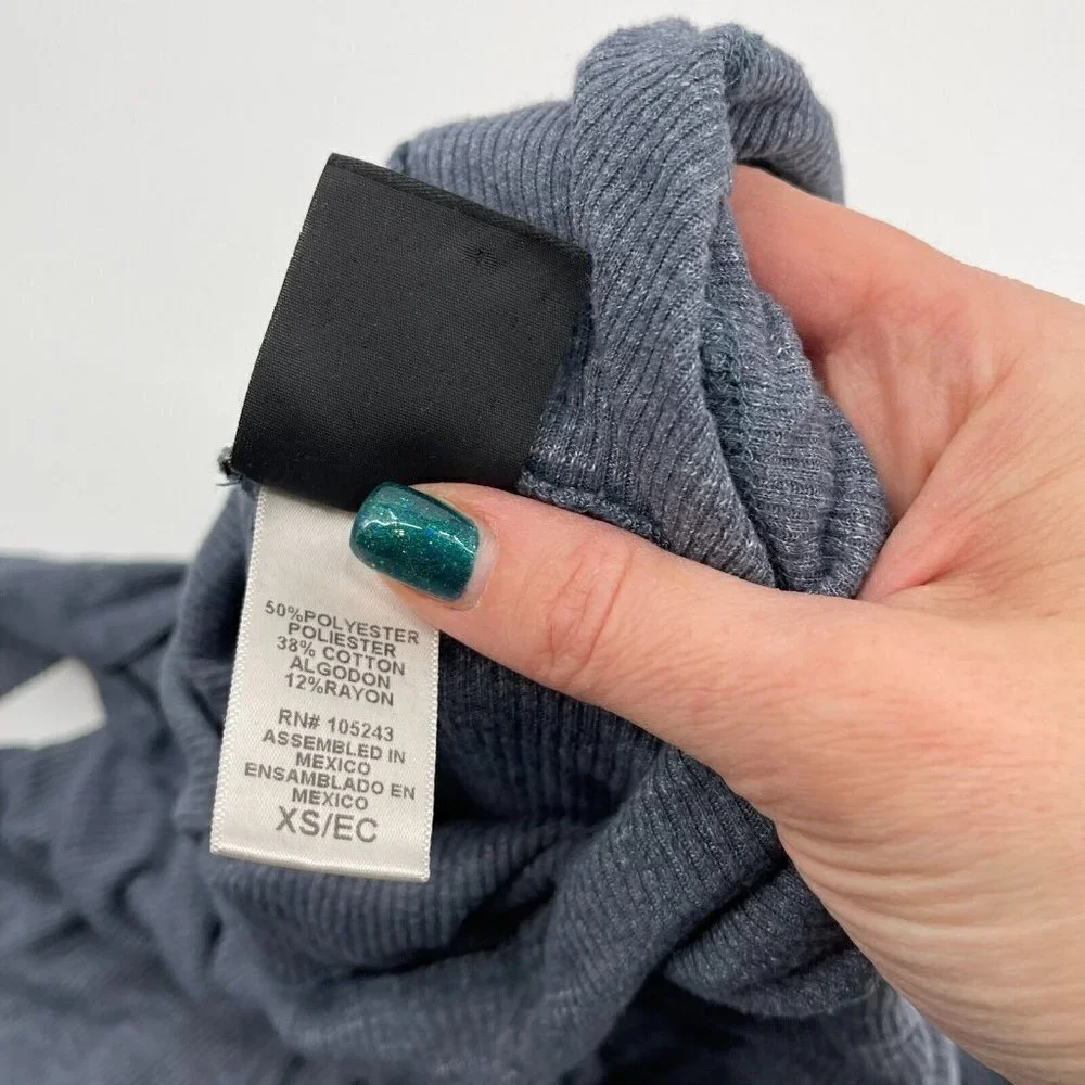 Bobeau Top XS Womens Gray Blue Lightweight Hooded Knit Casual Drawstring Stretch